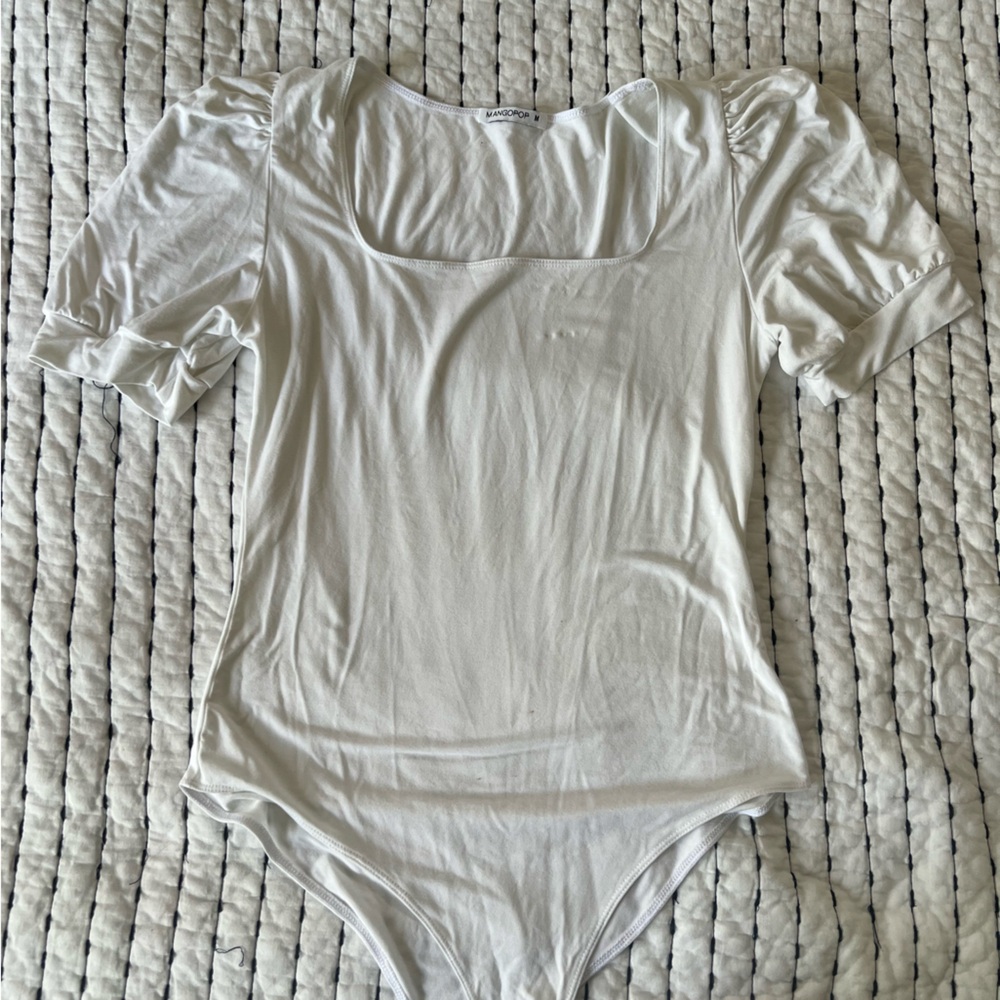 White Puff Sleeve Bodysuit with Ruffled Fitted Style